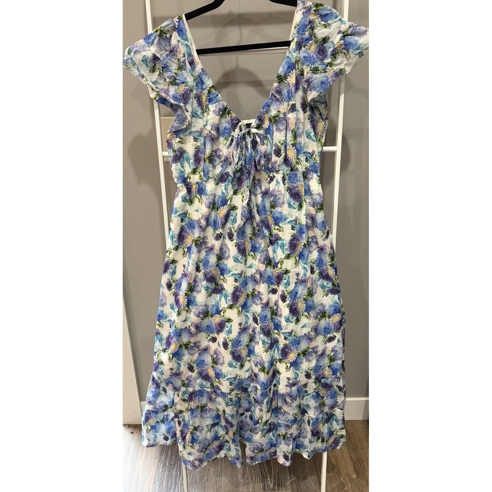 J.CREW Floral Midi Dress Blue White Green Purple 100% Cotton Flutter Sleeve M